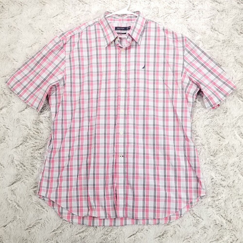 Nautica Shirt Mens XXL Red Plaid‎ Wrinkle Resistant Button Down short Sleeve